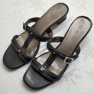 Anne Klein Macommonlyn Black Leather Double Strap Heel Sandals Women's Size 10M